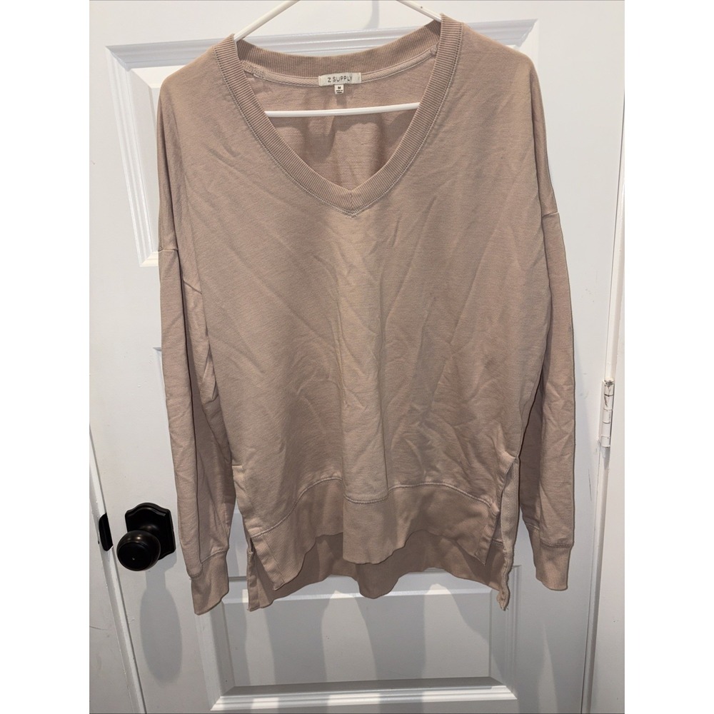 Z Supply Modern Weekender Birch Beige V-Neck Oversized Sweatshirt M